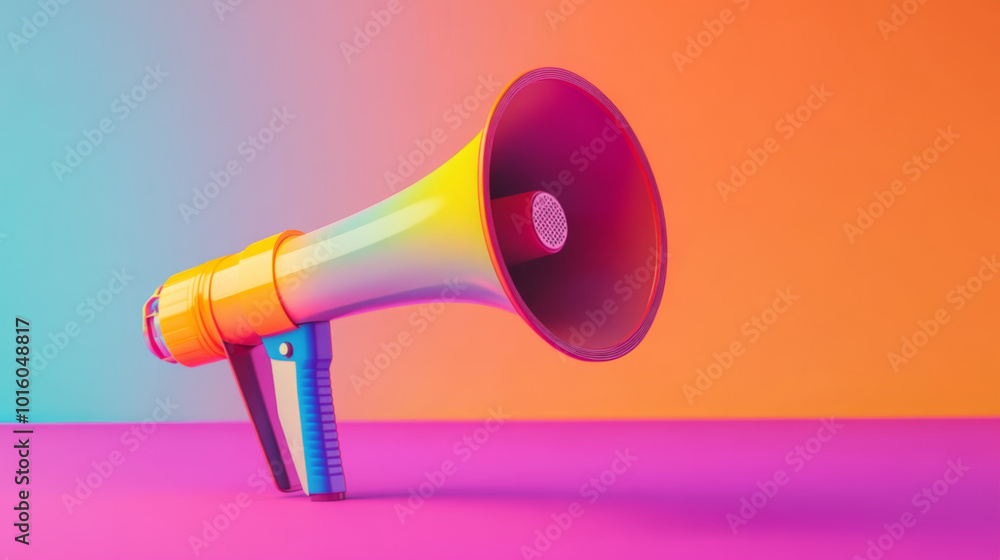 Colorful Megaphone Levitating Against Vibrant Pink and Blue Background Colorful Megaphone Levitating Against Vibrant Pink and Blue Background
