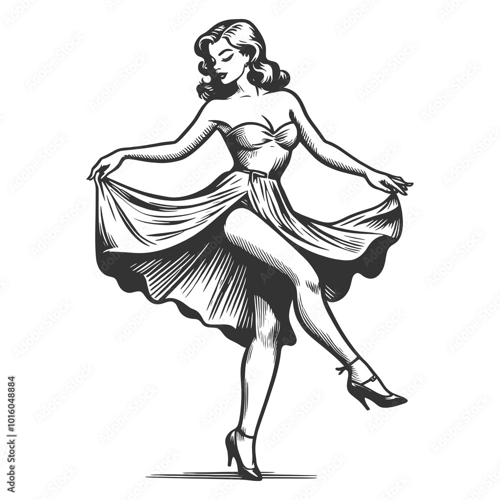 Fototapeta premium pin-up woman dancing in a dress, capturing retro style and joyful movement sketch engraving generative ai fictional character raster illustration. Scratch board imitation. Black and white image.