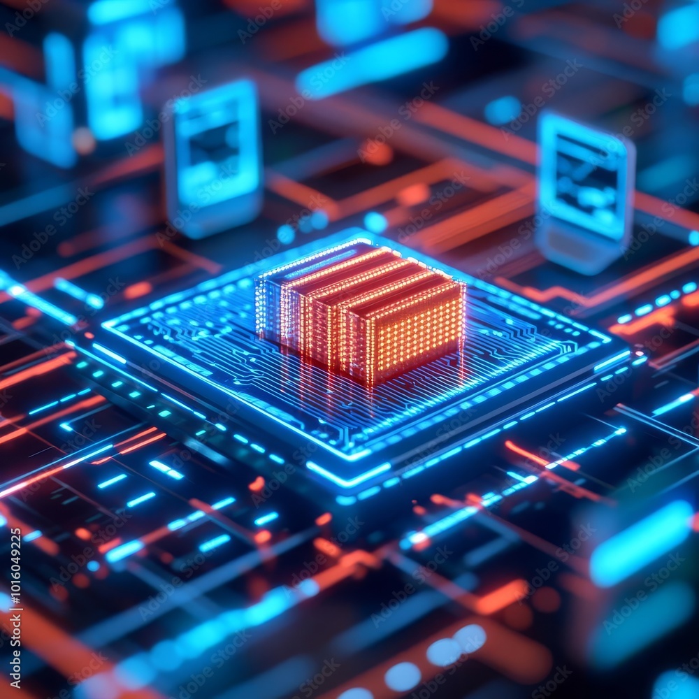 Obraz premium Blockchain-based decentralized cloud storage, virtual holograms, futuristic tech hub