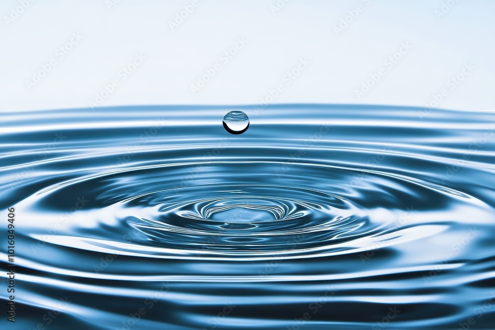 Crystal clear water drop with ripples on blue surface Crystal clear water drop with ripples on blue surface
