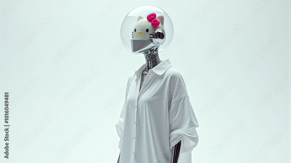 A mannequin with Kitty's head in a white shirt and a white hat with a pink bow. A mannequin with Kitty's head in a white shirt and a white hat with a pink bow.