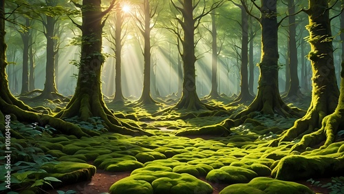 In the heart of the forest, sunlight filters through the gaps in the leaves, creating enchanting patterns of light and shadow on the moss-covered ground, anime style photo