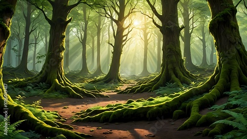 In the heart of the forest, sunlight filters through the gaps in the leaves, creating enchanting patterns of light and shadow on the moss-covered ground, anime style photo