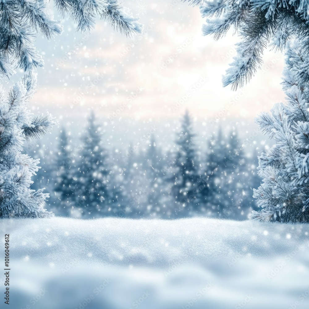 Frosty winter landscape in snowy forest. Christmas background with fir trees and blurred background Frosty winter landscape in snowy forest. Christmas background with fir trees and blurred background