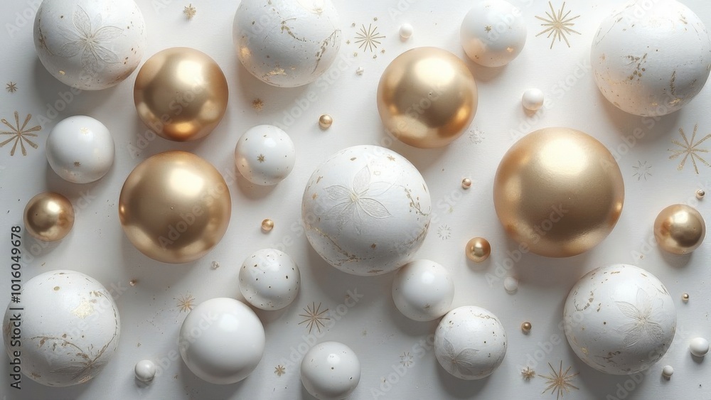 3D spheres of white and gold color on a white background. 3D spheres of white and gold color on a white background.