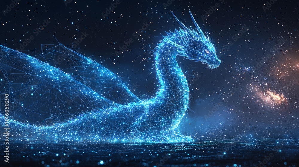 A stunning depiction of a dragon crafted from starry constellations, with an ethereal and mysterious presence amidst a cosmic backdrop, representing imagination and dreams. A stunning depiction of a dragon crafted from starry constellations, with an ethereal and mysterious presence amidst a cosmic backdrop, representing imagination and dreams.