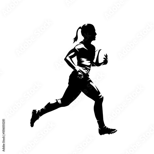 Rugby women, female rugby player running with ball, isolated vector silhouette