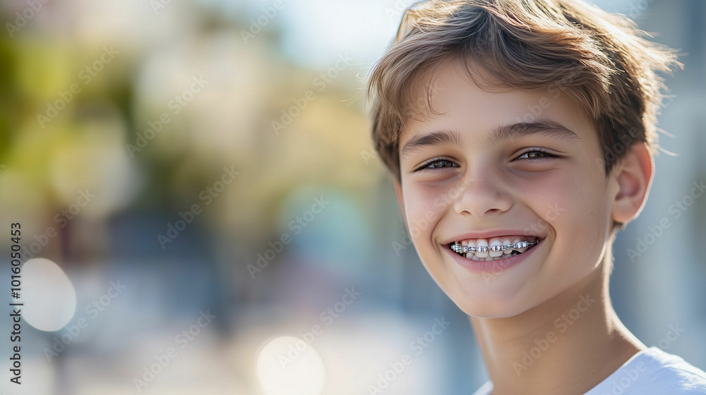 A joyful teenager proudly showcasing his new braces while enjoying a sunny day outdoors with friends in the park A joyful teenager proudly showcasing his new braces while enjoying a sunny day outdoors with friends in the park