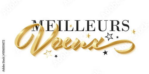 MEILLEURS VOEUX (SEASON'S GREETINGS in French) black and metallic gold vector typography banner with stars on white background
