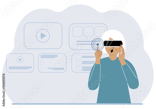 A woman wearing a virtual reality headset studies, works, plays and works. Vector flat illustration