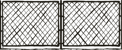 Iron Mma enclose detain chainlink framework hedge bar section element on white sky backdrop. Black line hand drawn design logo sign sketch in modern art doodle style. Close up view with space for text