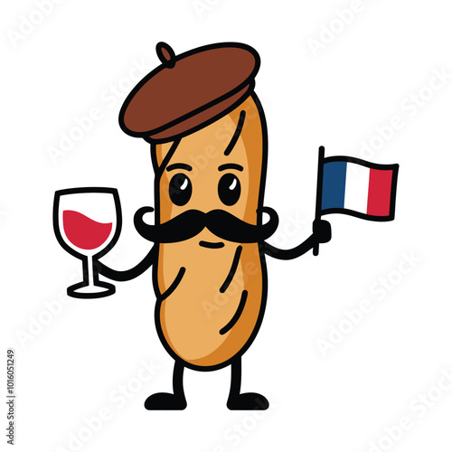 French baguette character with wine and flag illustration