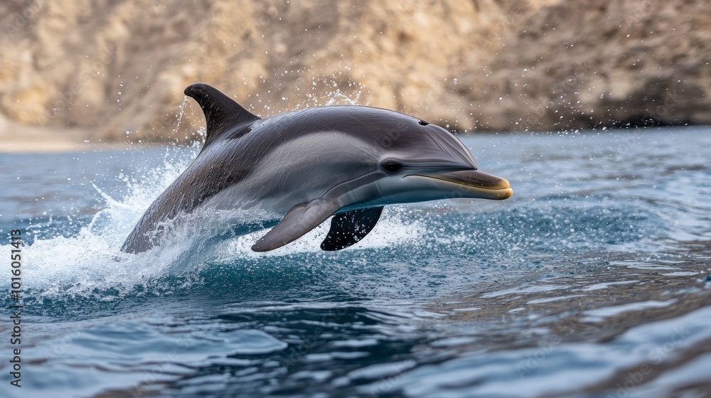 Fototapeta premium A striped dolphin leaps out of the water with a splash.