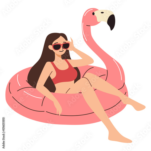 Flat vector illustration. Cute woman swimming on inflatable circle in the shape of flamingo. Vector illustration