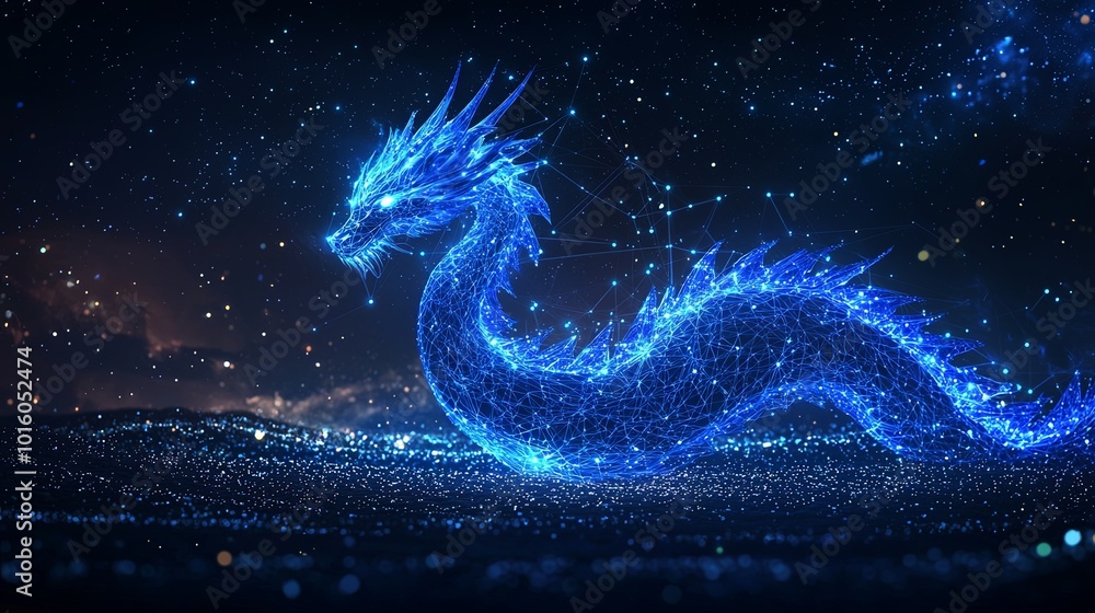 A mystical dragon composed of luminous blue particles and lines, resembling stars and constellations, surrounded by a cosmic dark background. A mystical dragon composed of luminous blue particles and lines, resembling stars and constellations, surrounded by a cosmic dark background.