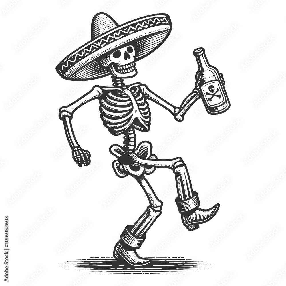 dancing skeleton in sombrero with bottle. Fun and festive sketch engraving generative ai fictional character raster illustration. Scratch board imitation. Black and white image dancing skeleton in sombrero with bottle. Fun and festive sketch engraving generative ai fictional character raster illustration. Scratch board imitation. Black and white image