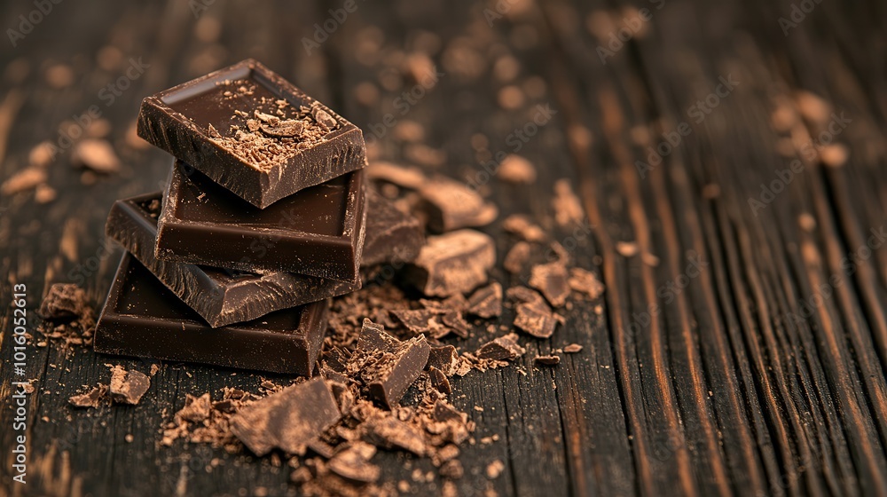 Close-up of dark chocolate pieces on rustic wooden surface with scattered chocolate shavings, creating a rich and indulgent view. Close-up of dark chocolate pieces on rustic wooden surface with scattered chocolate shavings, creating a rich and indulgent view.