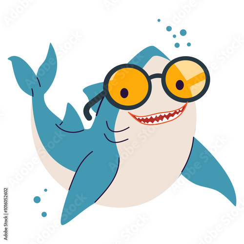 Flat vector illustration in children's style, print on children's products. Cute shark with sunglasses . Vector illustration