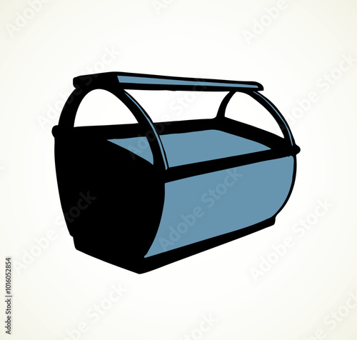 Chiller case icebox door stand on light background. Line black ink hand drawn rack chest box cafe aisle device symbol sign in art modern doodle cartoon style pen on paper space for text. Close up view
