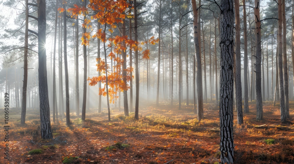 Fototapeta premium Misty Autumn Forest with Sunbeams Filtering Through the Trees