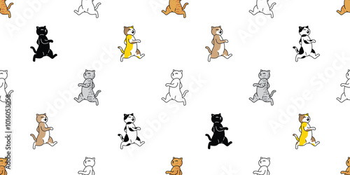 cat seamless pattern kitten walking running calico neko vector cartoon pet doodle tile background gift wrapping paper repeat wallpaper scarf isolated illustration design