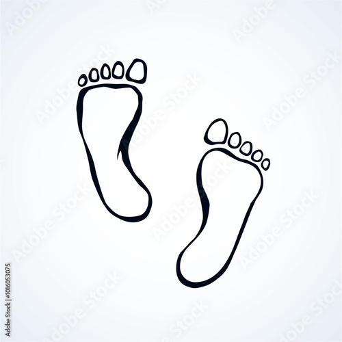 Naked flatfoot emblem on white backdrop. Freehand outline black ink hand drawn healthcare pictogram sketchy in retro art scribble contour graphic style pen on paper space for text. Closeup top view