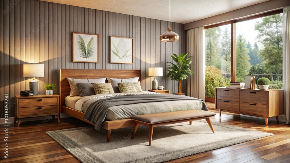 Fototapeta premium Transform your bedroom into a Mid Century Modern oasis with our thoughtfully curated furniture, emphasizing simplicity, functionality, and an