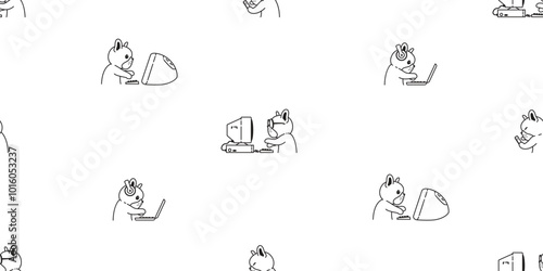 dog seamless pattern french bulldog working computer labtop smart phone cartoon vector doodle pet puppy gift wrapping paper tile background repeat wallpaper illustration scarf isolated design