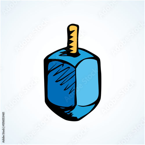 Ethnic judaic chanukkah draydl on beige table. God torah nun chanukah gimel dreydl icon. Holy jew hanukah dreidle card backdrop. Bright color hand drawn zion hannukah in retro art sevivon cartoon styl