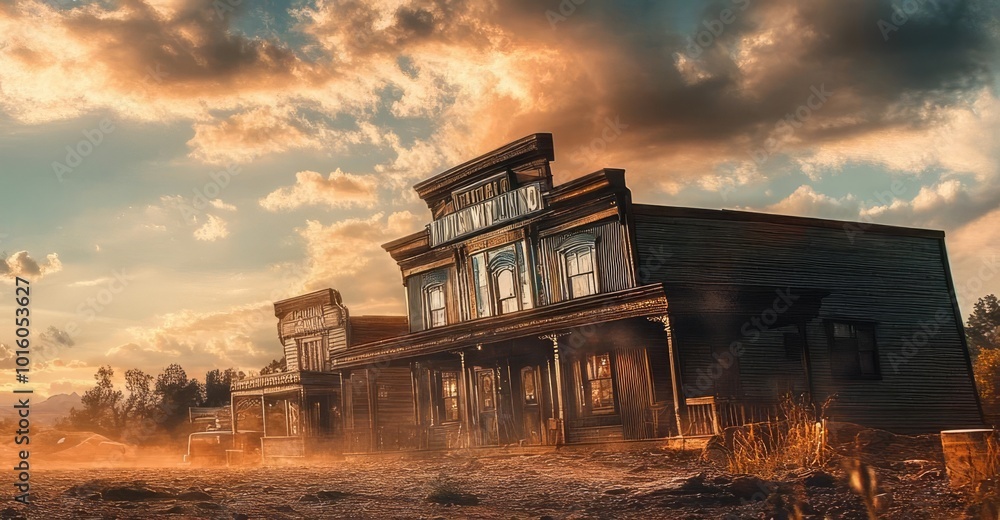 A lone cowboy stands in a dusty western town, facing a dramatic sunset sky filled with vibrant colors and clouds. A lone cowboy stands in a dusty western town, facing a dramatic sunset sky filled with vibrant colors and clouds.