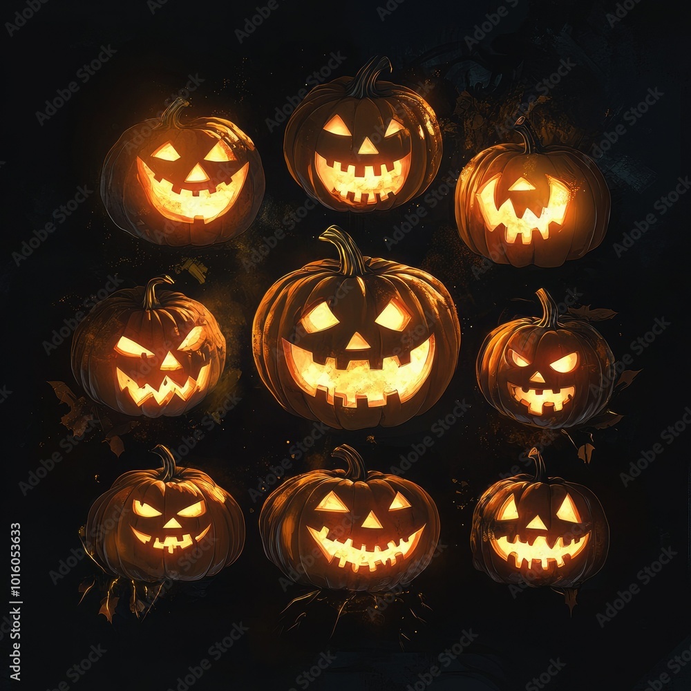 Generative AI illustration of illuminated carved pumpkins with different evil faces in darkness at Halloween night with background Generative AI illustration of illuminated carved pumpkins with different evil faces in darkness at Halloween night with background