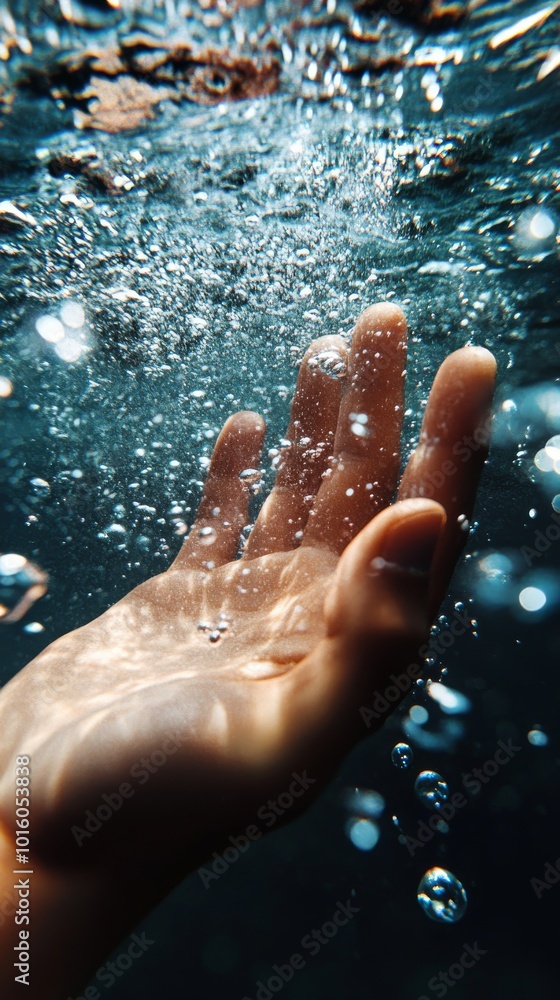 Fototapeta premium A submerged hand reaching upwards underwater, capturing the essence of exploration, serenity, and the depths of the unknown in an aquatic theme.