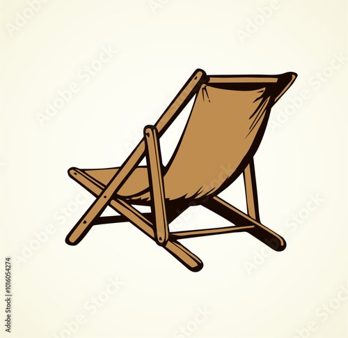 Empty cruise hotel wood plank Chezlong stand on white ocean background space for text. Outline black ink hand drawn tropic trip seaside fold bench logo sign pictogram sketchy in art retro doodle style