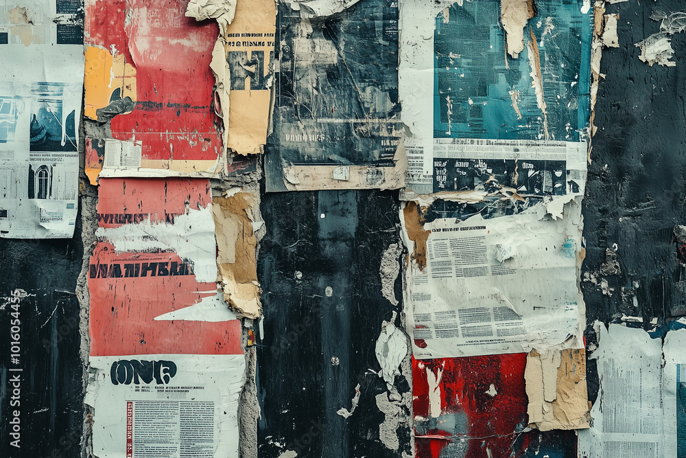 Fototapeta premium Abstract collage of ripped and torn posters with different text, newspaper cutouts, street art