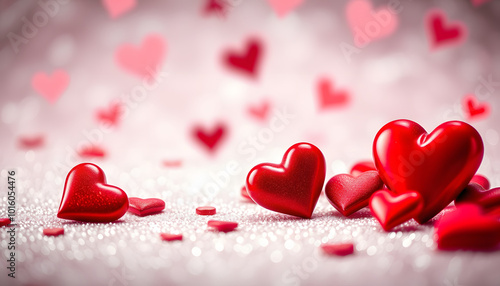 Abstract Defocused Valentines Card With Red Hearts On Shiny Glitter isolated with white highlights, png