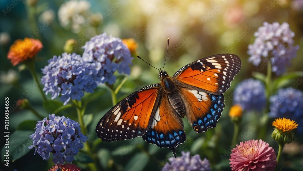 Obraz premium A stunning butterfly with vibrant wings resting on delicate pink flowers in a sunlit garden. A perfect close-up of nature’s beauty with detailed patterns and warm, golden sunlight