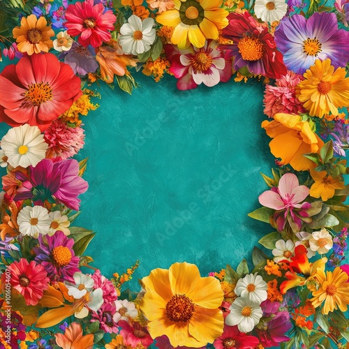 Generative AI illustration of landscape oriented blank frame encircled by a diverse mix of colorful flowers on a teal background