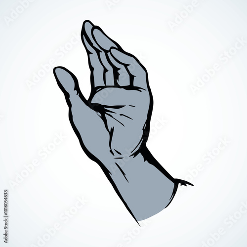 Outstretched handbreadth forearm on white backdrop. Freehand outline black ink drawn want logo pictogram emblem sketchy in retro art doodle cartoon style pen on paper space for text. Closeup side view