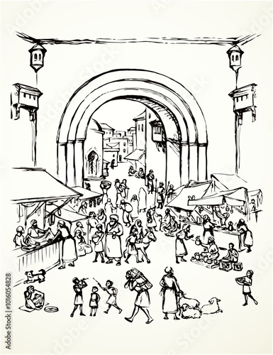 Orient biblical religion heritage vendors women scene view. Antique fes arch gate fortress building on white background. Black hand saudi rabat bazar quarter picture sketch in vector art graphic style
