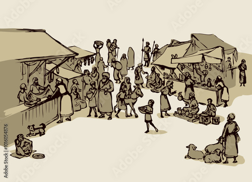 Orient biblical religion heritage vendors women scene view. Antique fes arch gate fortress building on white background. Black hand saudi rabat bazar quarter picture sketch in vector art graphic style