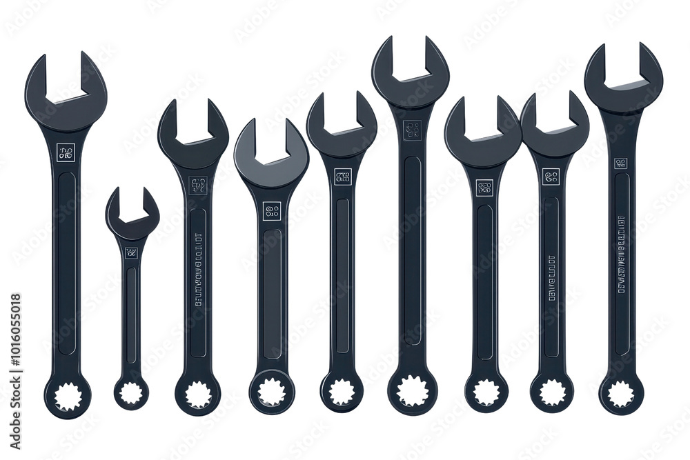 Set of black open-end wrenches in different sizes, aligned in order, perfect for mechanical work and home improvement projects. Set of black open-end wrenches in different sizes, aligned in order, perfect for mechanical work and home improvement projects.