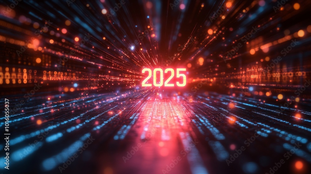 Vibrant digital representation of the year 2025 emerging from a burst of colorful data streams Vibrant digital representation of the year 2025 emerging from a burst of colorful data streams
