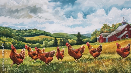 A Rural Idyll with Hens in a Green Meadow