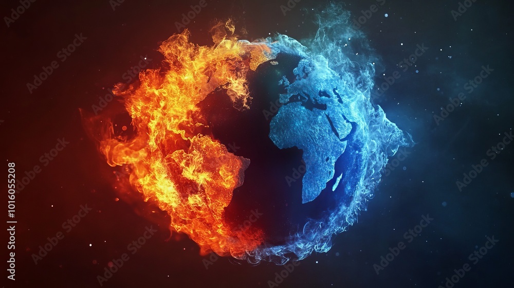 Abstract fire and ice concept design featuring an earth-shaped element with dynamic energy, showcasing the contrast between hot and cold forces, ideal for futuristic digital backgrounds and high-impac Abstract fire and ice concept design featuring an earth-shaped element with dynamic energy, showcasing the contrast between hot and cold forces, ideal for futuristic digital backgrounds and high-impac