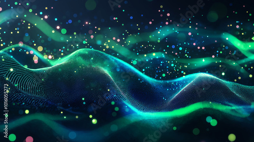 Create a tech-themed background with sleek digital waves, circuit board patterns, and overlapping transparent polygons. Use neon green and blue lighting effects to emphasize the modern tech feel Backg