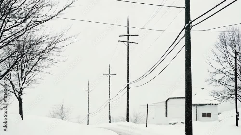 Snowy landscape with power lines and barren trees on a quiet winter day, 4k video Snowy landscape with power lines and barren trees on a quiet winter day, 4k video