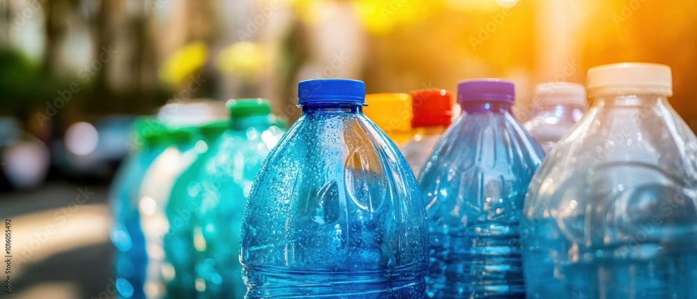 Colorful plastic water bottles stacked in sunlight, showcasing environmental concerns regarding waste and recycling. Colorful plastic water bottles stacked in sunlight, showcasing environmental concerns regarding waste and recycling.