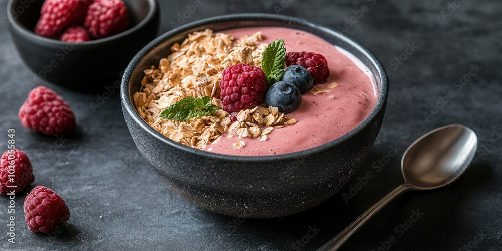 Delicious berry smoothie bowl with granola, raspberries, and blueberries, served in a dark bowl on a rustic table. Delicious berry smoothie bowl with granola, raspberries, and blueberries, served in a dark bowl on a rustic table.
