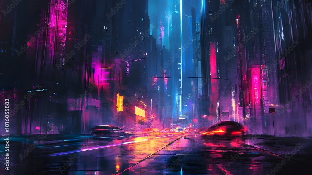 Abstract, futuristic city of concrete and neon. Night city view, illumination. Dark street, abstract scene, neon rays. Abstract, futuristic city of concrete and neon. Night city view, illumination. Dark street, abstract scene, neon rays.