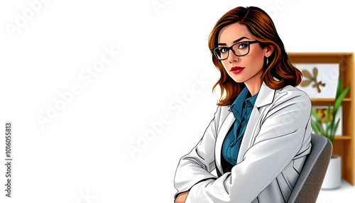 Portrait of female psychologist near armchair on white background isolated with white highlights, png